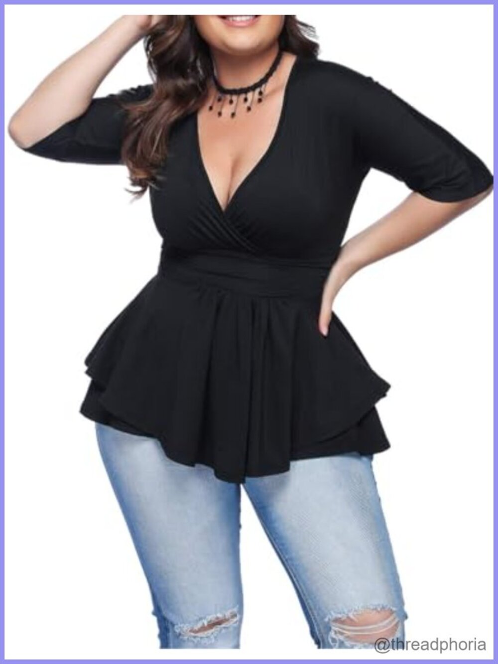 Plus Size Deep V Neck Pleated Peplum Blouse Long Sleeve Ruched Party Top
